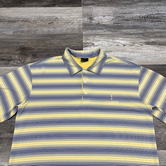 Nike Golf Dri Fit UV Yellow Blue Striped Mens M Mirabel Club Golf Polo Shirt - Picture 1 of 10
